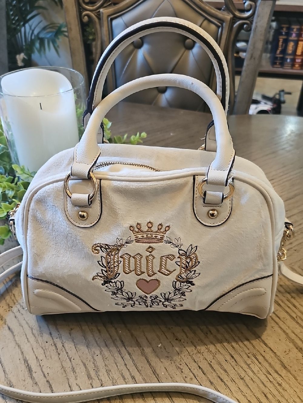 Juicy Couture Cream Embroidered Satchel Crossbody with Gold Accents